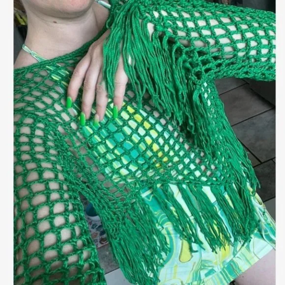 Crochet knit fringe trimmed top Swim coverupGreen - Picture 9 of 9
